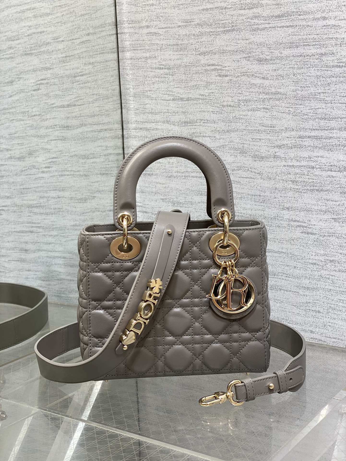 Small Lady Dior My ABCDior Bag Stone Gray Cannage Lambskin